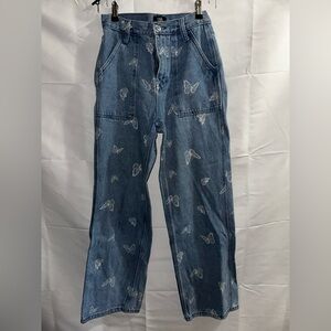 Women's Straight Leg Denim Jeans with White Butterfly Print - Blue